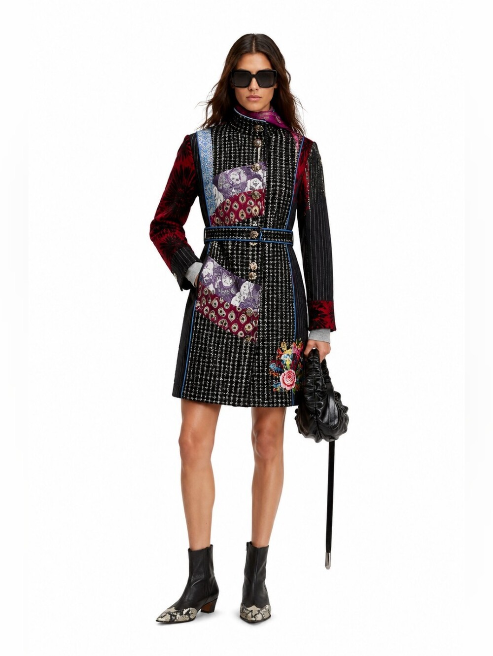 Patchwork Embroidered Belted Art Coat Jacket M